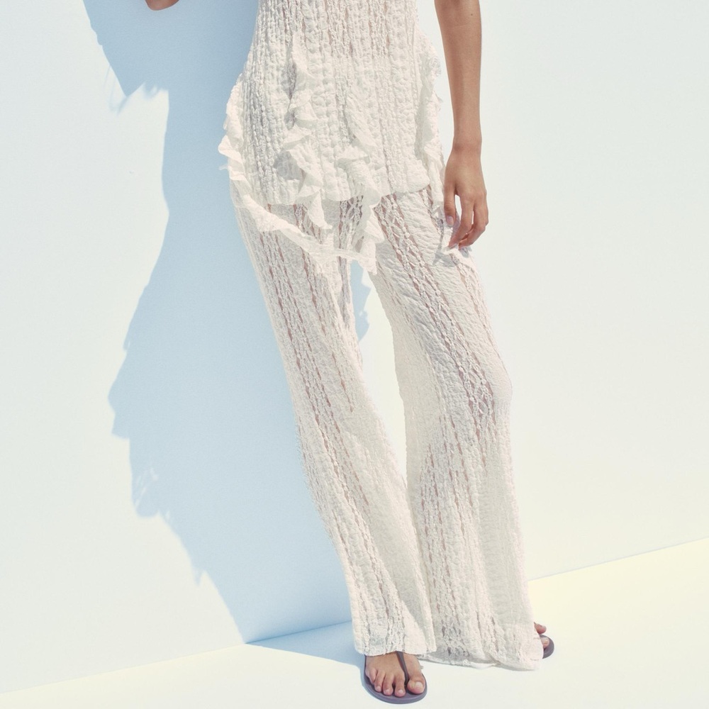 ZARA LACE WIDE LEG PANTS PULL ON WHIMSICAL RESORT ROMANTIC BOHO BEACH S